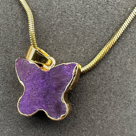 Purple Druzy Butterfly Pendant Necklace on Gold Stainless Steel Snake Chain - Picture 5 of 5